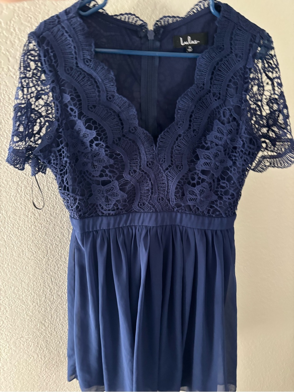 Lulu's Navy Lace V-Neck Chiffon Skater Dress